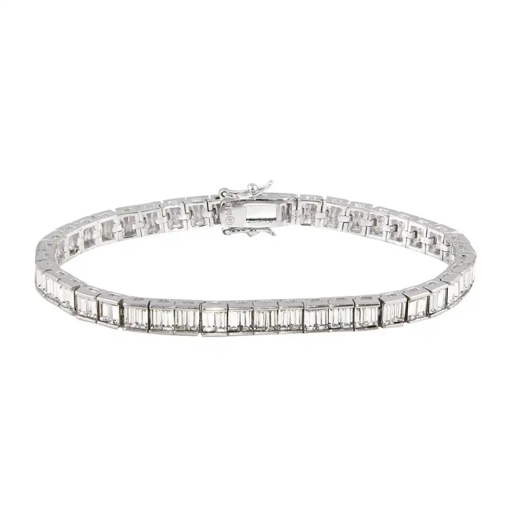 925 Sterling Silver Rhodium Plated 6mm Clear Baguette CZ Tennis Bracelet