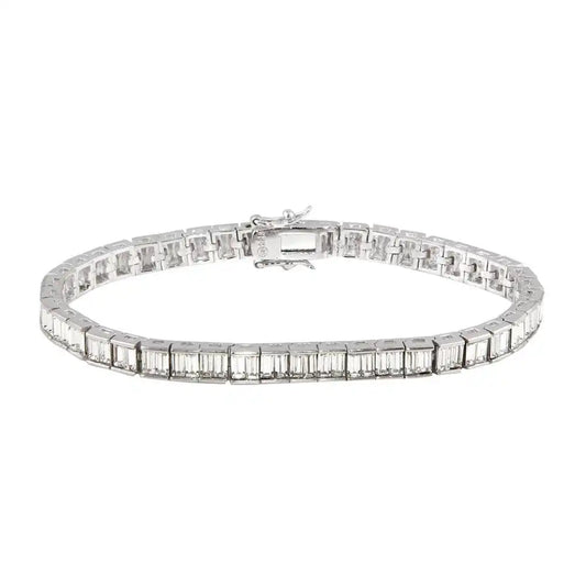 925 Sterling Silver Rhodium Plated 6mm Clear Baguette CZ Tennis Bracelet