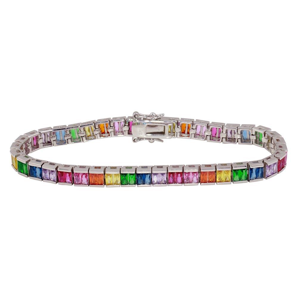 925 Sterling Silver Rhodium Plated 6mm Multi-Colored Square CZ Tennis Bracelet