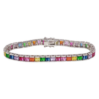 925 Sterling Silver Rhodium Plated 6mm Multi-Colored Square CZ Tennis Bracelet