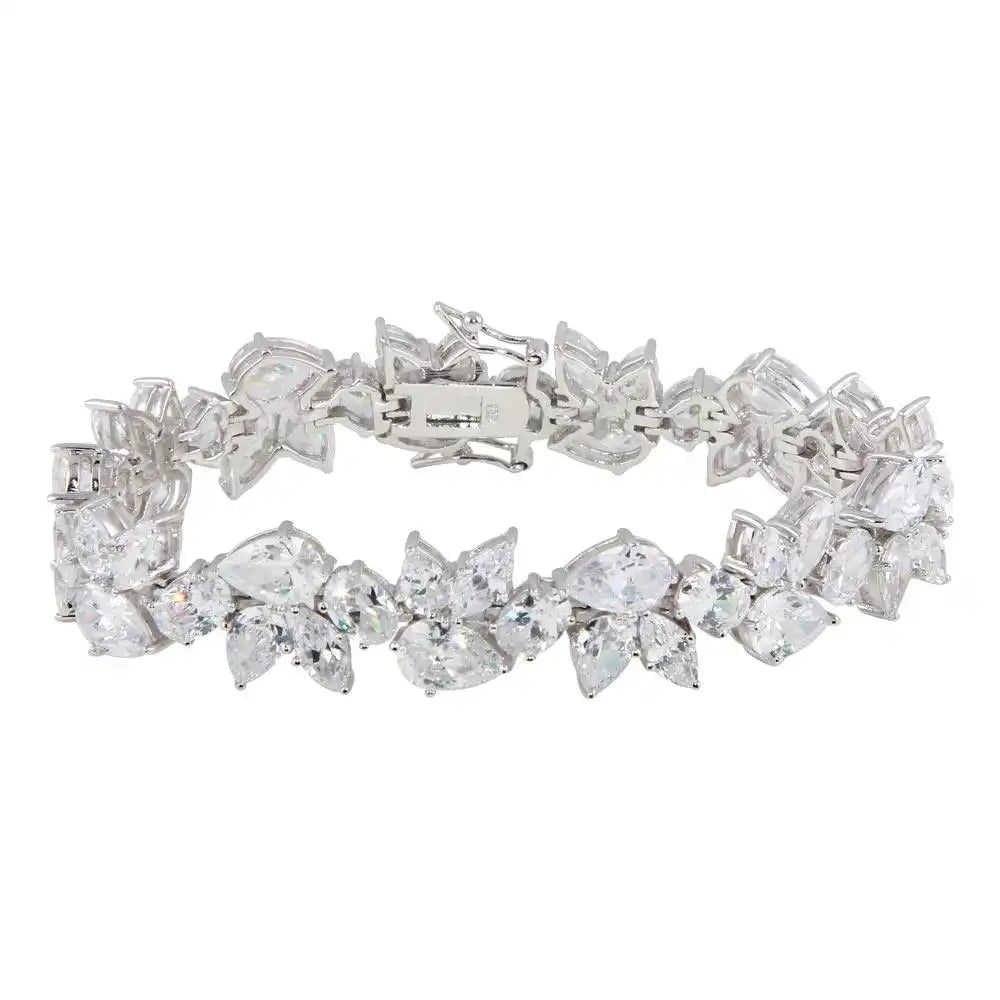 925 Sterling Silver Rhodium Plated Flower Clear CZ Bracelet