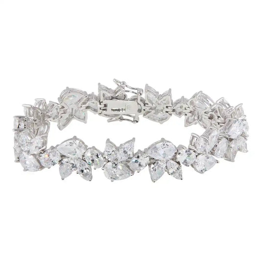 925 Sterling Silver Rhodium Plated Flower Clear CZ Bracelet