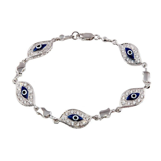 925 Sterling Silver Rhodium Plated Evil Eye Clear CZ Bracelet