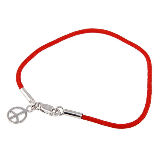 925 Rhodium Silver Plated Peace Sign Red Cord Bracelet