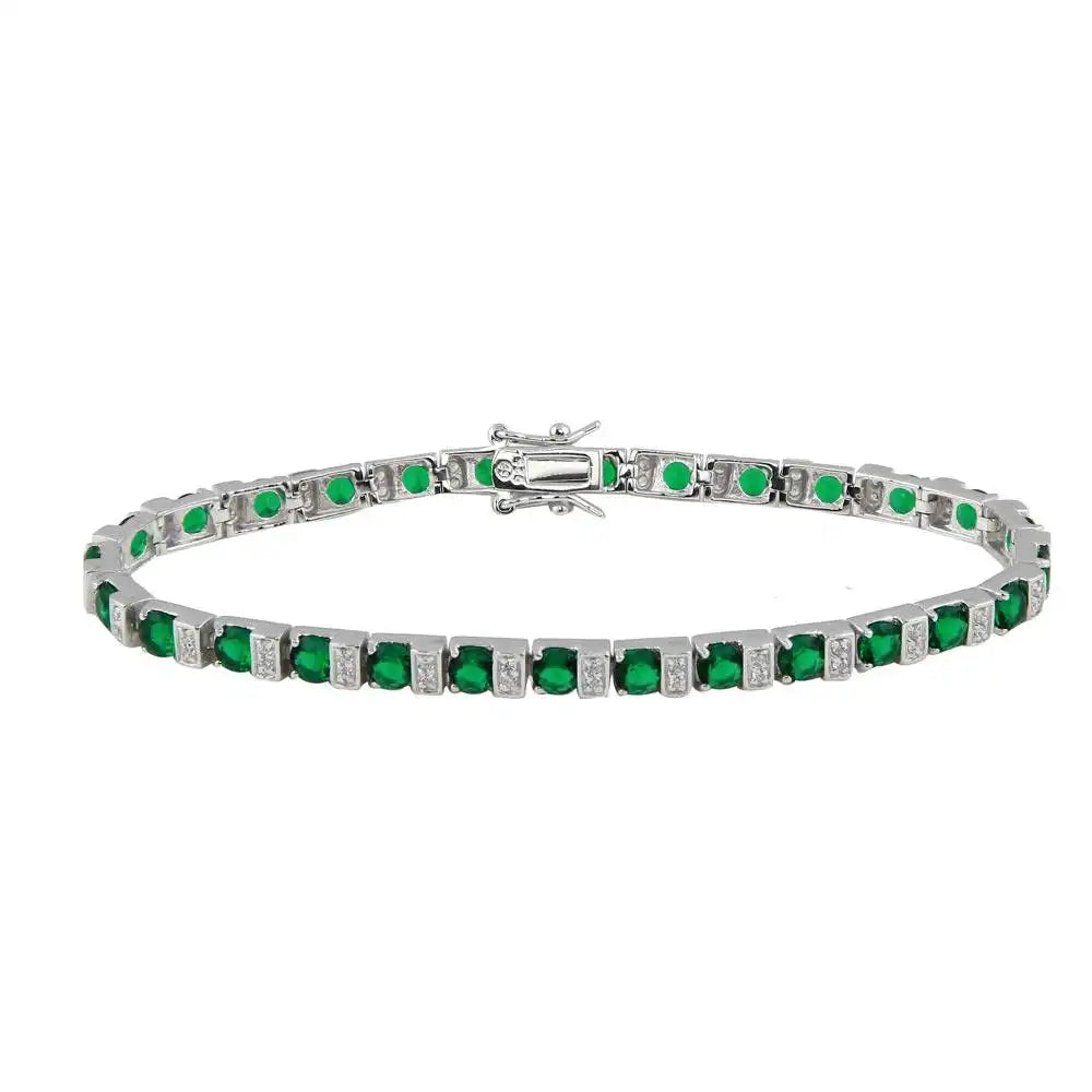 925 Sterling Silver Rhodium Plated Green and Clear CZ Tennis Bracelet