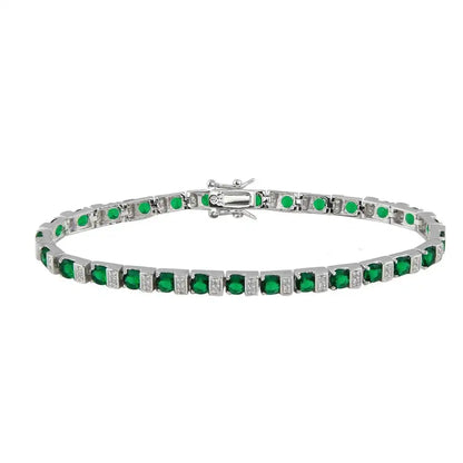 925 Sterling Silver Rhodium Plated Green and Clear CZ Tennis Bracelet