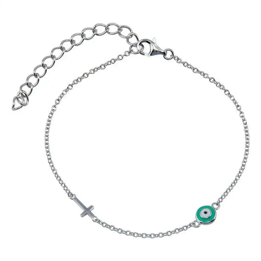 925 Sterling Silver Rhodium Plated Enamel Evil Eye with Cross Bracelet