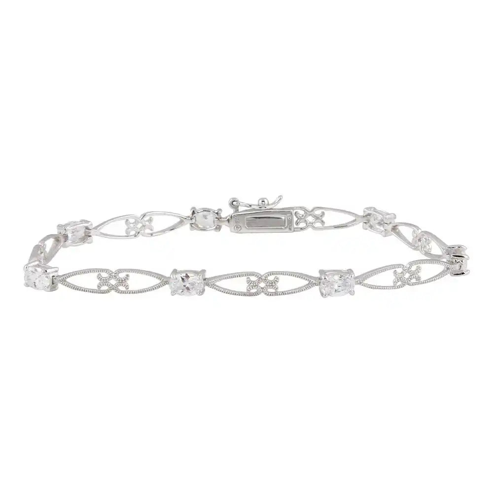 925 Sterling Silver Rhodium Plated Clear CZ Elongated Heart Link Bracelet