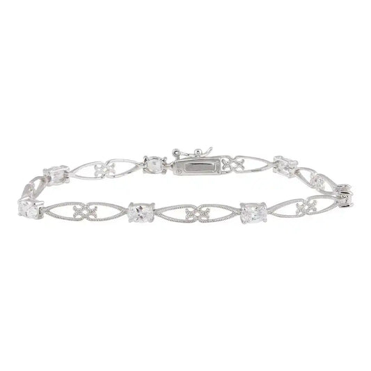 925 Sterling Silver Rhodium Plated Clear CZ Elongated Heart Link Bracelet