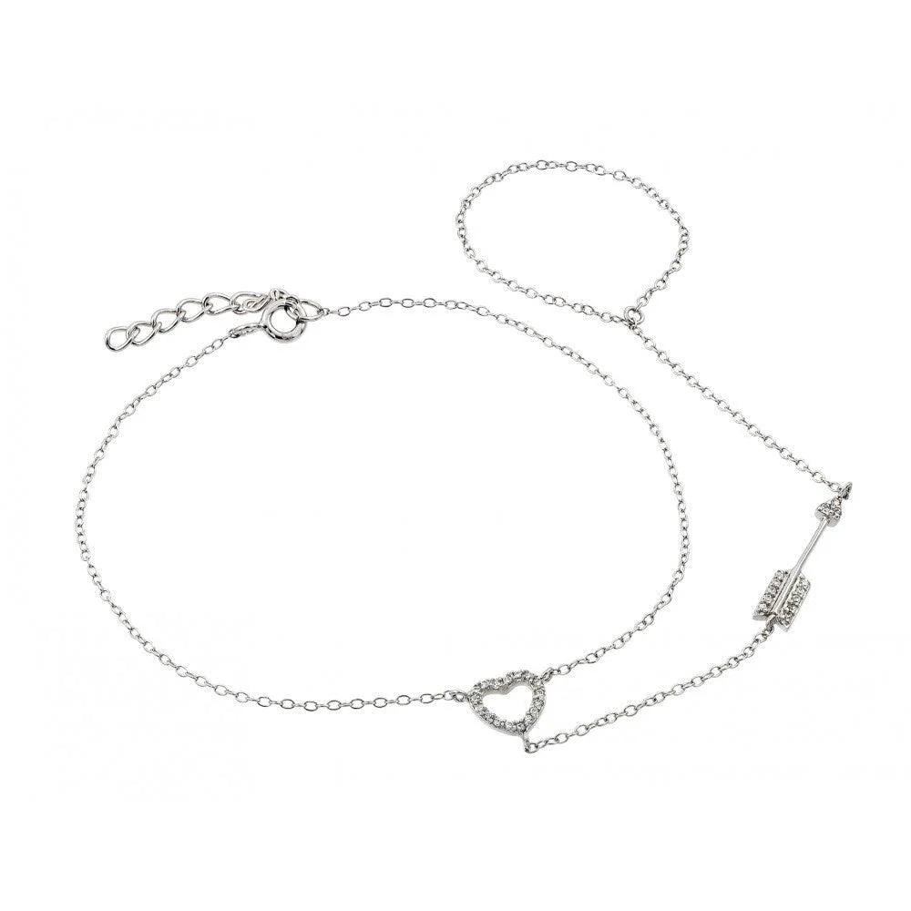 925 Silver Rhodium Plated Heart Arrow Clear CZ Clone Ring Bracelet