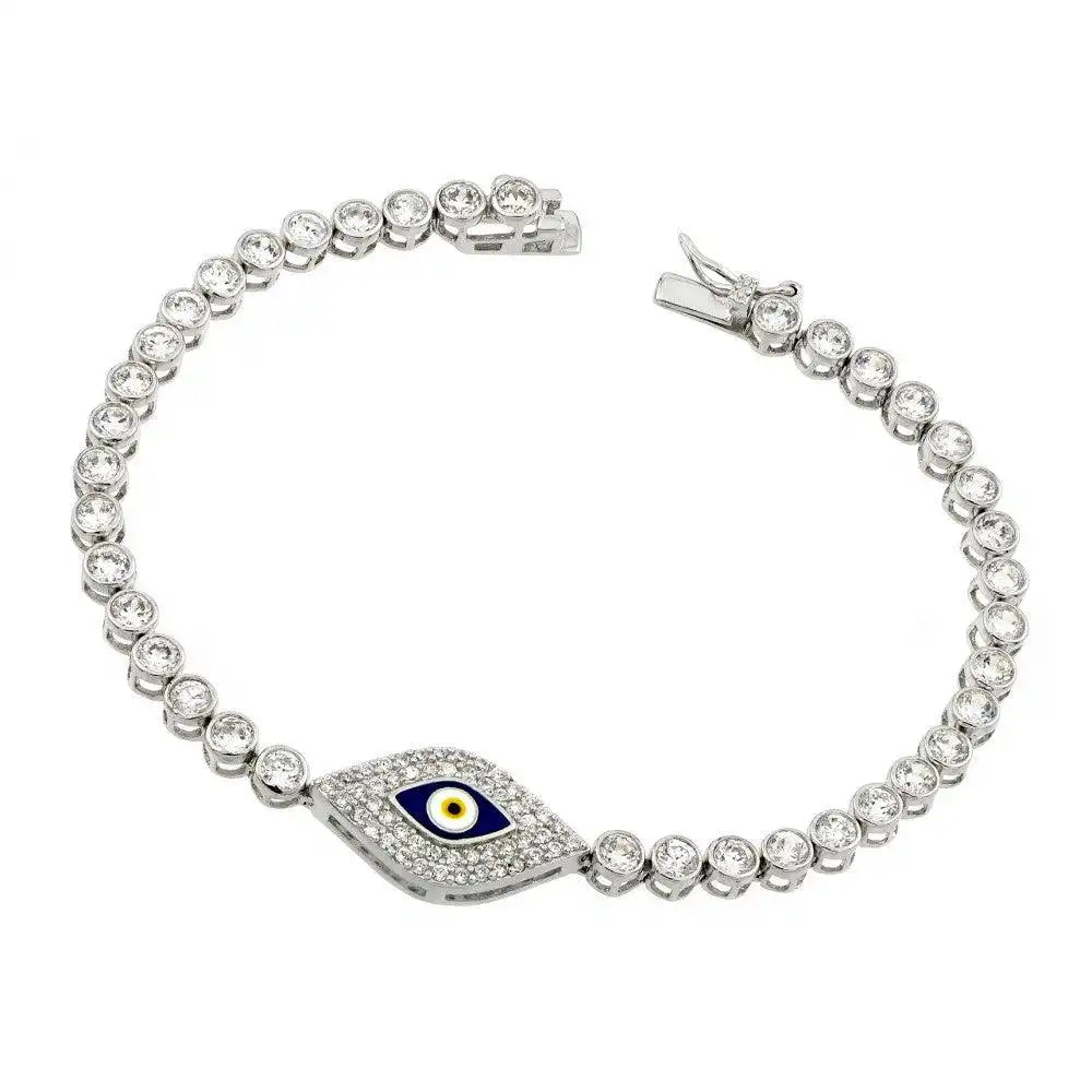 925 Sterling Silver Rhodium Plated Evil Eye Clear CZ Tennis Bracelet