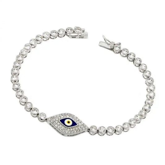 925 Sterling Silver Rhodium Plated Evil Eye Clear CZ Tennis Bracelet