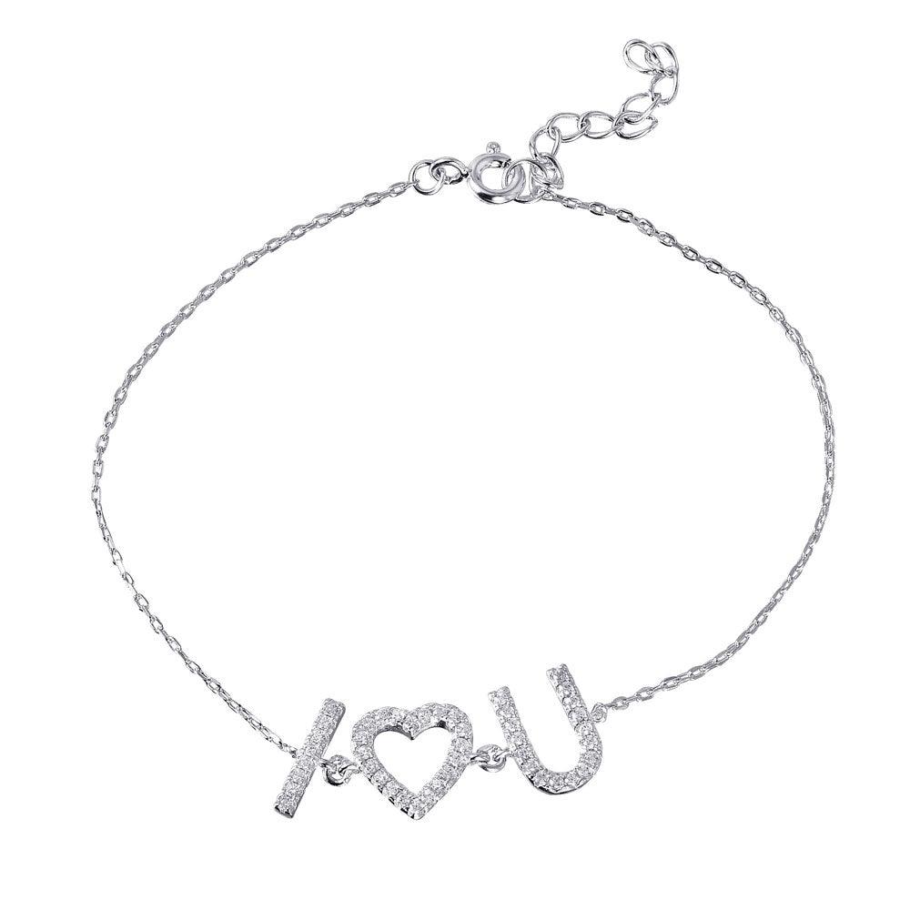 925 Silver Rhodium Plated CZ 'I [heart] U' Bracelet