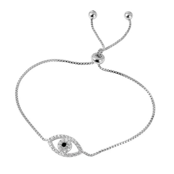 925 Sterling Silver Rhodium Plated CZ Evil Eye Tassel Bracelet