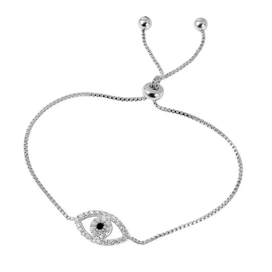 925 Sterling Silver Rhodium Plated CZ Evil Eye Tassel Bracelet