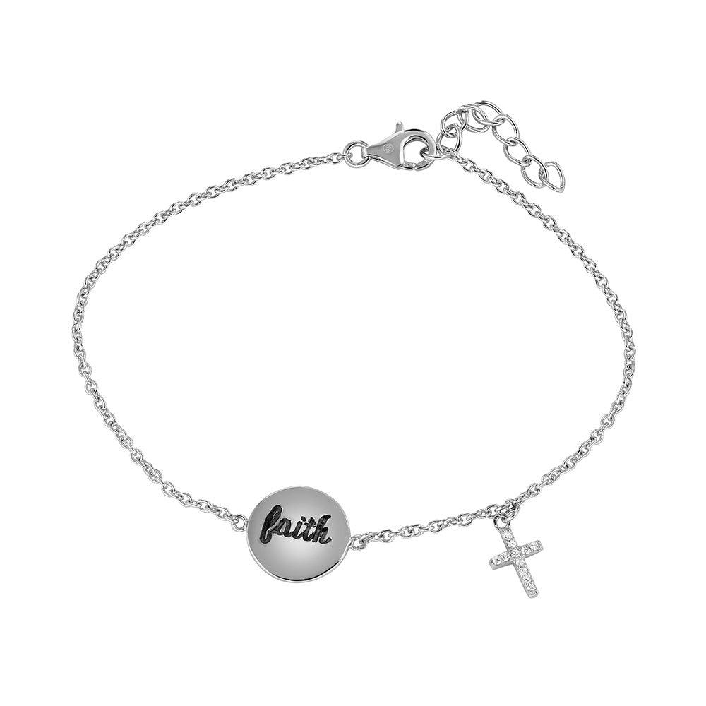925 Silver Rhodium Plated Faith and Cross with CZ Bracelet