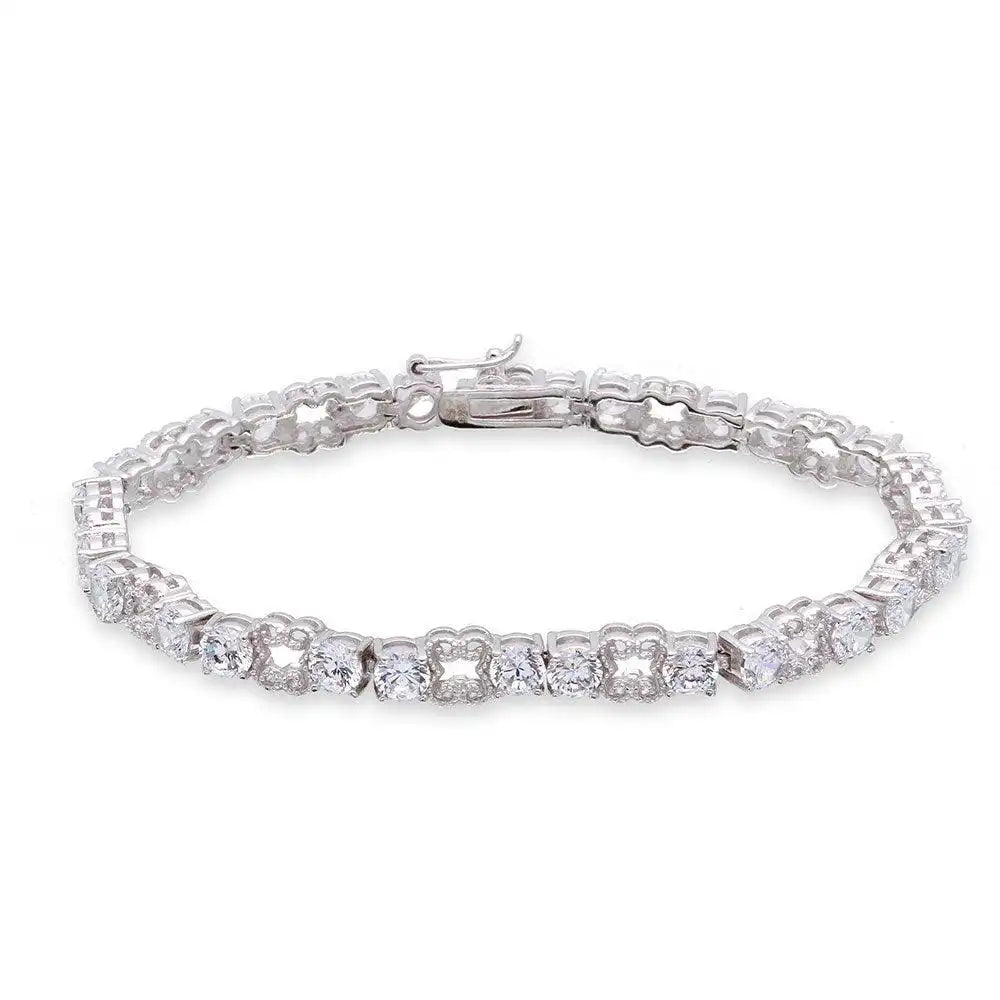 925 Sterling Silver Rhodium Plated Round CZ Alternating Tennis Bracelet
