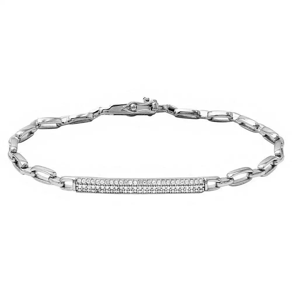 925 Sterling Silver Rhodium Plated CZ Encrusted Bar Link Bracelet