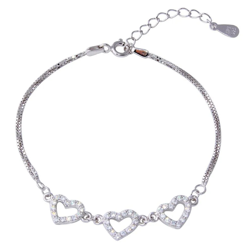 925 Sterling Silver Rhodium Plated Double Strand Box Bracelet with 3 CZ Hearts