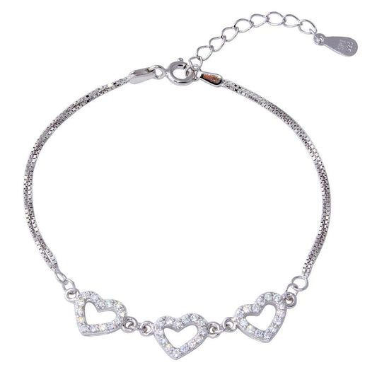 925 Sterling Silver Rhodium Plated Double Strand Box Bracelet with 3 CZ Hearts