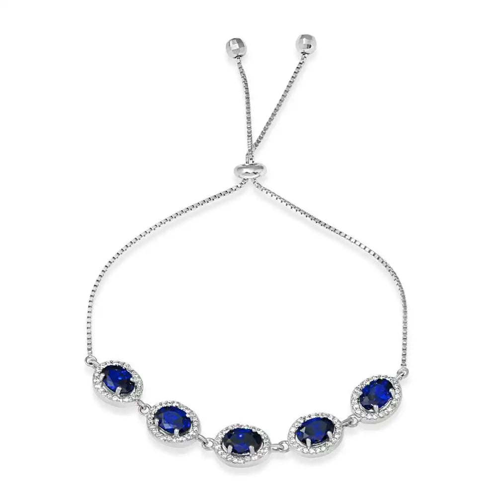 925 Sterling Silver Rhodium Plated 5 Micro Pave Blue Oval and Clear Round CZ Lariat Bracelet