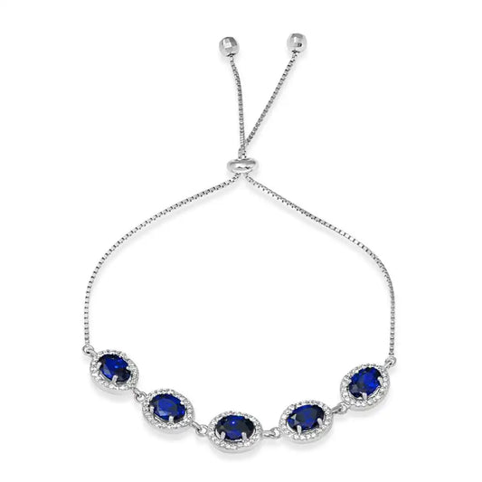 925 Sterling Silver Rhodium Plated 5 Micro Pave Blue Oval and Clear Round CZ Lariat Bracelet