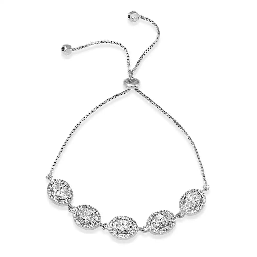 925 Sterling Silver Rhodium Plated 5 Micro Pave Clear Oval and Clear Round CZ Lariat Bracelet