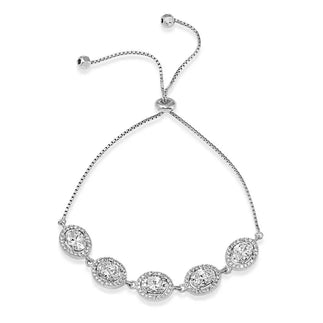 925 Sterling Silver Rhodium Plated 5 Micro Pave Clear Oval and Clear Round CZ Lariat Bracelet