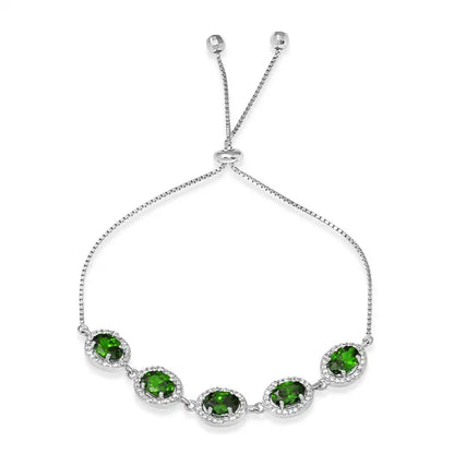 925 Sterling Silver Rhodium Plated 5 Micro Pave Green Oval and Clear Round CZ Lariat Bracelet