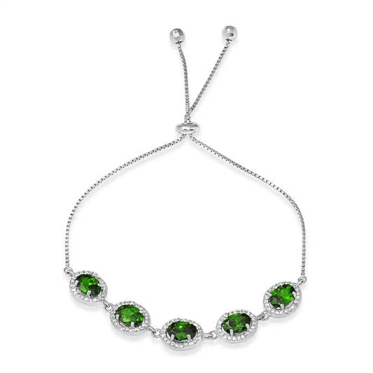 925 Sterling Silver Rhodium Plated 5 Micro Pave Green Oval and Clear Round CZ Lariat Bracelet
