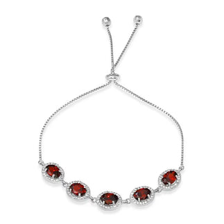 925 Sterling Silver Rhodium Plated 5 Micro Pave Red Oval and Clear Round CZ Lariat Bracelet