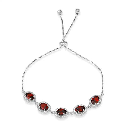 925 Sterling Silver Rhodium Plated 5 Micro Pave Red Oval and Clear Round CZ Lariat Bracelet