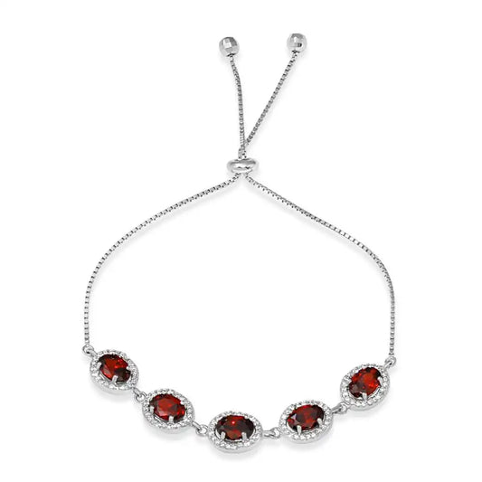 925 Sterling Silver Rhodium Plated 5 Micro Pave Red Oval and Clear Round CZ Lariat Bracelet
