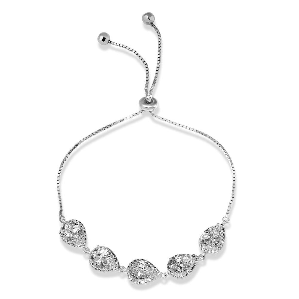 925 Sterling Silver Rhodium Plated 5 Micro Pave Colored Pear and Clear Round CZ Lariat Bracelet