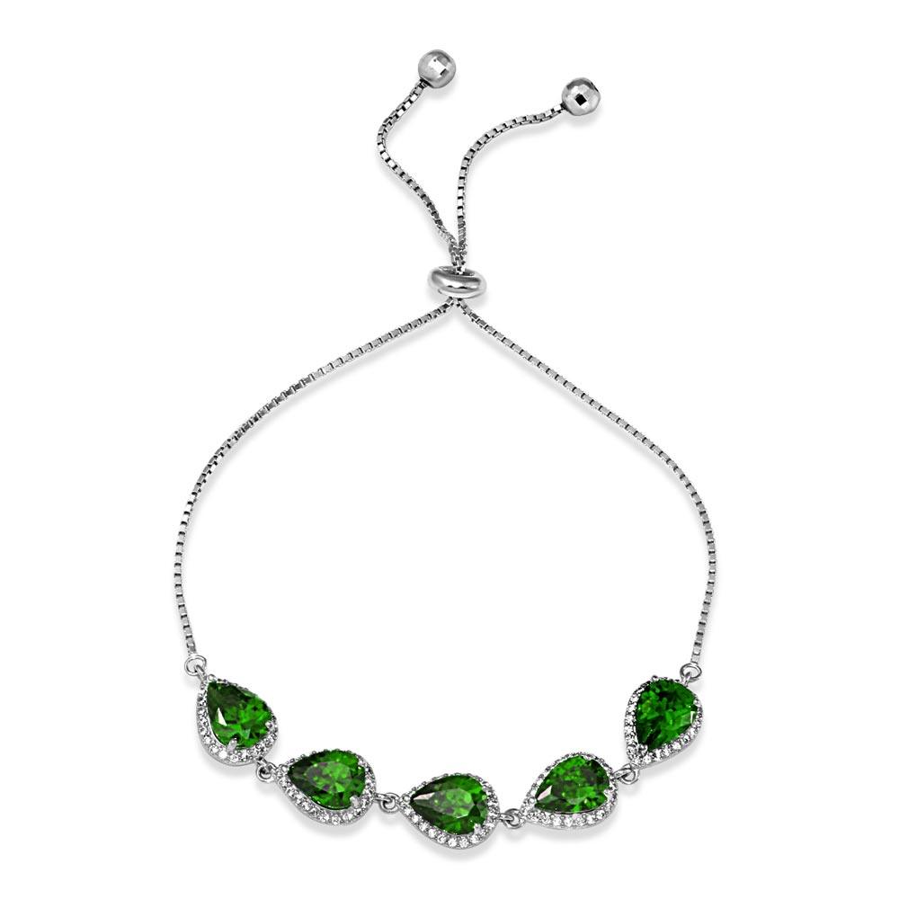 925 Sterling Silver Rhodium Plated 5 Micro Pave Colored Pear and Clear Round CZ Lariat Bracelet
