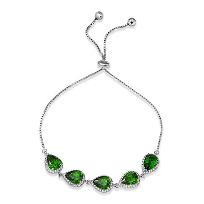 925 Sterling Silver Rhodium Plated 5 Micro Pave Colored Pear and Clear Round CZ Lariat Bracelet