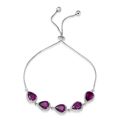 925 Sterling Silver Rhodium Plated 5 Micro Pave Colored Pear and Clear Round CZ Lariat Bracelet