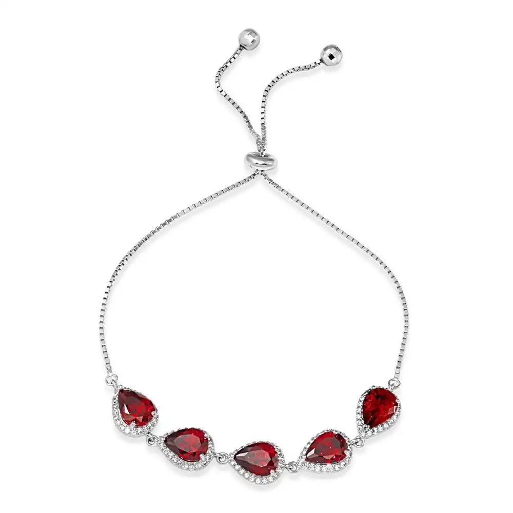 925 Sterling Silver Rhodium Plated 5 Micro Pave Red Pear and Clear Round CZ Lariat Bracelet