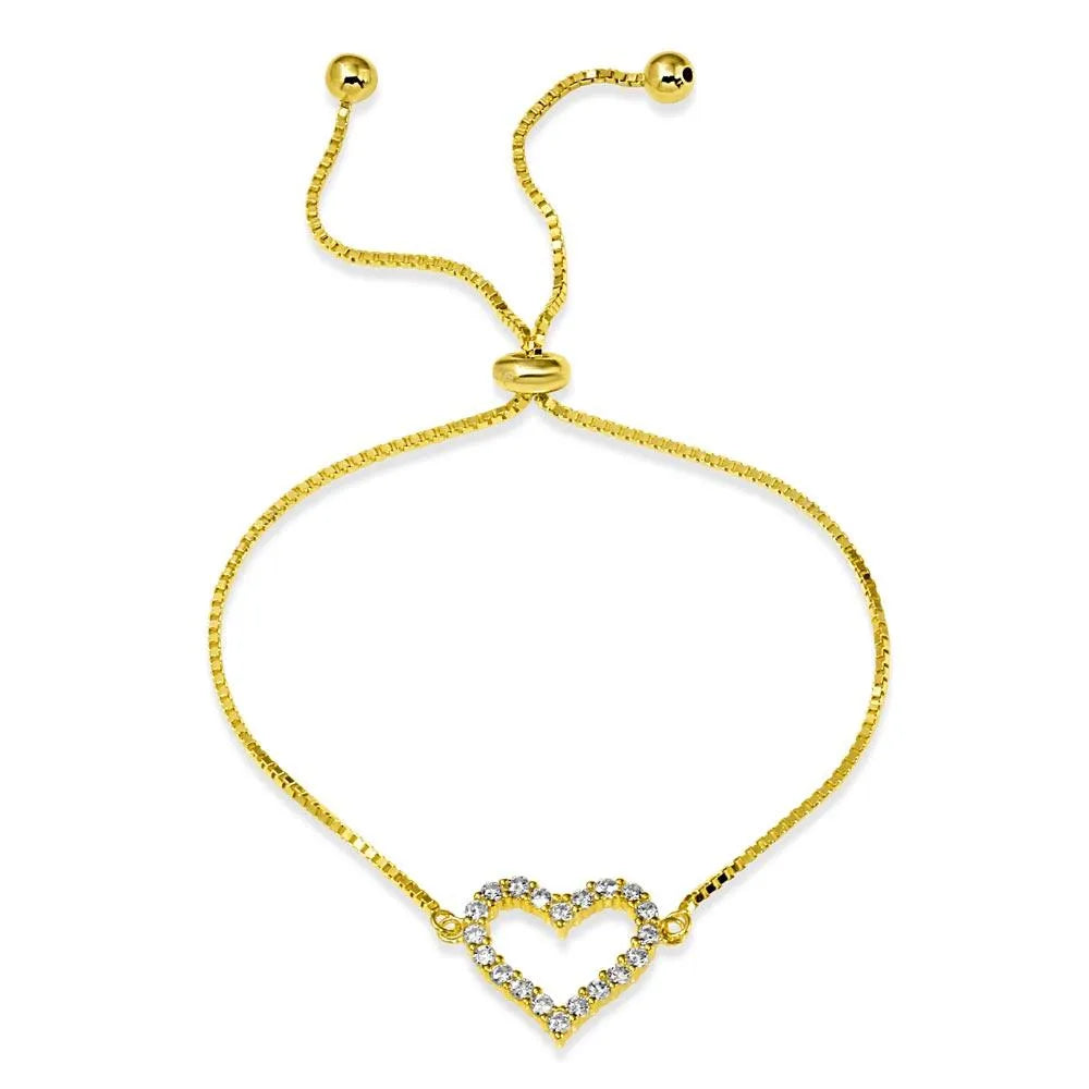 925 Sterling Silver Gold Plated Open Heart CZ Lariat Bracelet