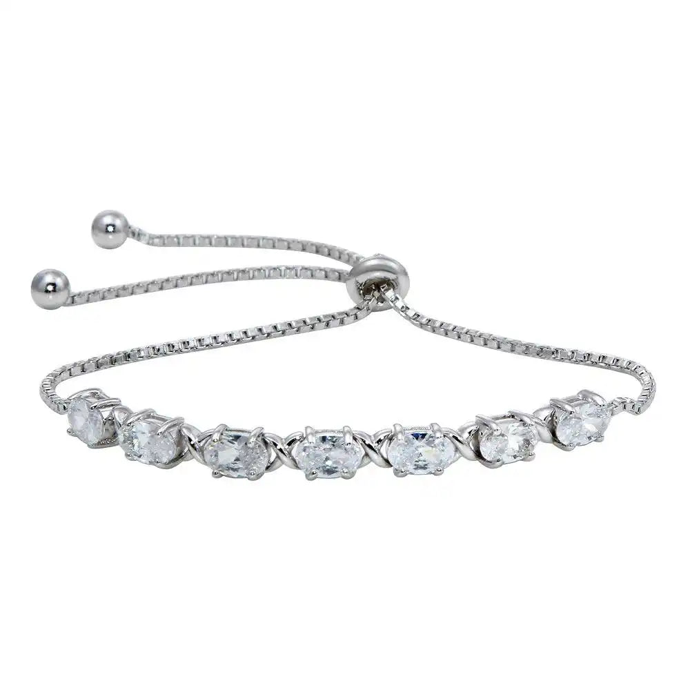 925 Sterling Silver Rhodium Plated CZ Stone Lariat Bracelet