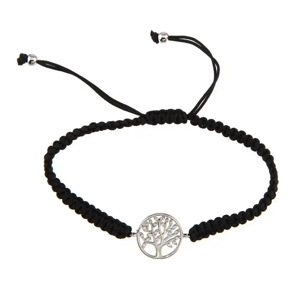 925 Sterling Silver Rhodium Plated Family Tree Black Braided Cord Bracelet