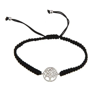 925 Sterling Silver Rhodium Plated Family Tree Black Braided Cord Bracelet