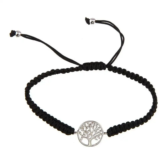 925 Sterling Silver Rhodium Plated Family Tree Black Braided Cord Bracelet