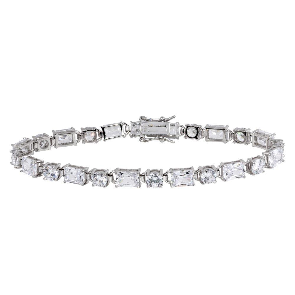 925 Sterling Silver Rhodium Plated Round and Rectangle CZ Tennis Bracelet