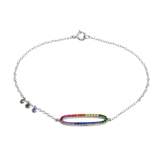 925 Sterling Silver Rhodium Plated Multi Color CZ Open Oval Bracelet