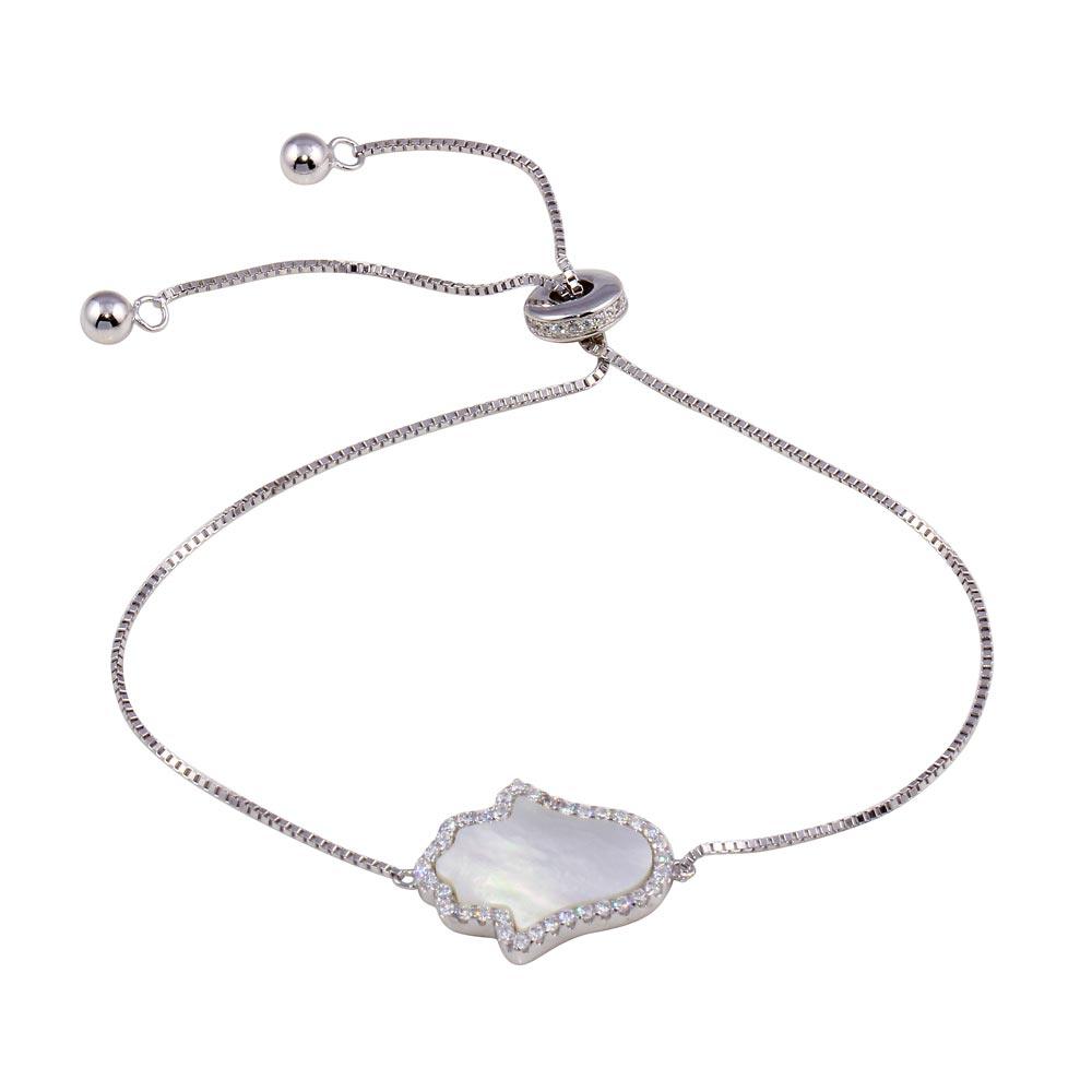 925 Sterling Silver Rhodium Plated Lariat Side Way Mother of Pearl Hamsa CZ Bracelet
