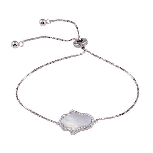 925 Sterling Silver Rhodium Plated Lariat Side Way Mother of Pearl Hamsa CZ Bracelet