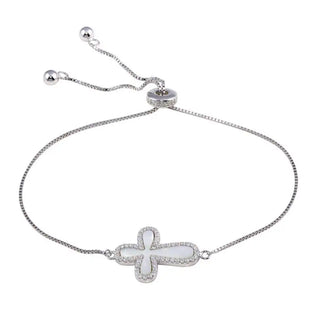 925 Sterling Silver Rhodium Plated Lariat Side Way Mother of Pearl Cross CZ Bracelet