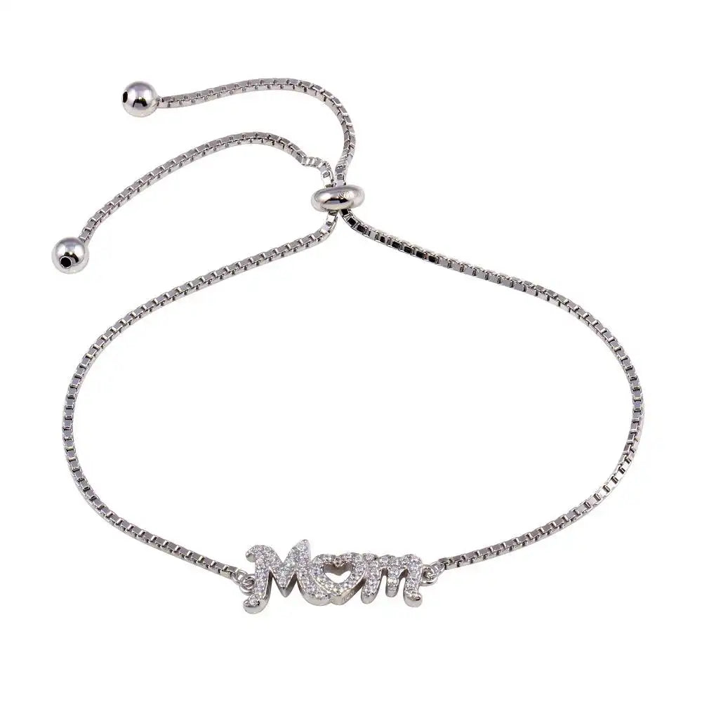 925 Sterling Silver Rhodium Plated Lariat Mom CZ Bracelet