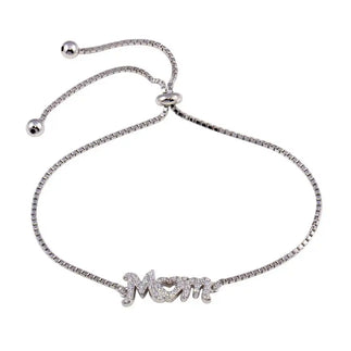 925 Sterling Silver Rhodium Plated Lariat Mom CZ Bracelet